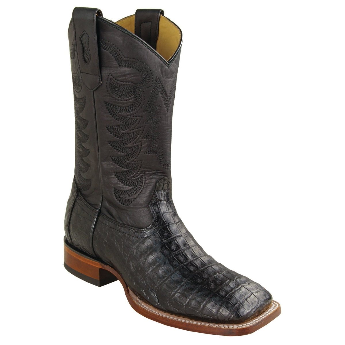 Wide Square Texas Rodeo Toe Exotic Caiman Belly Boots Black Color - Los Altos Boots - Side View