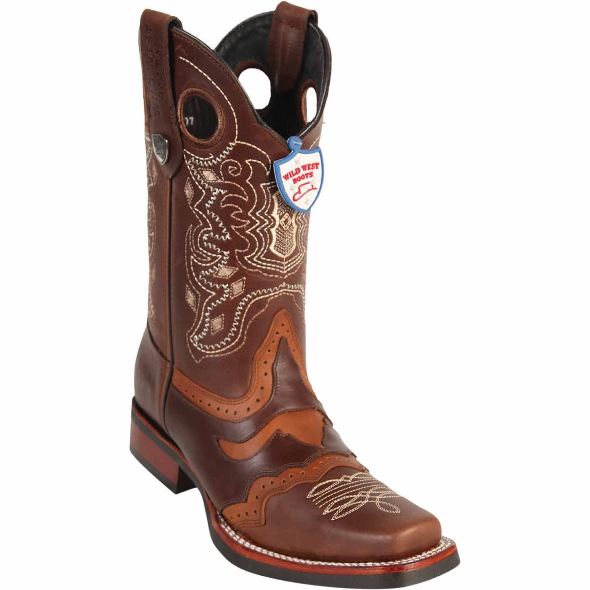 Botas de Cuero Original Punta Rodeo Cuadrada Cafe Suela Hule - Wild West Boots - Wild West Boots