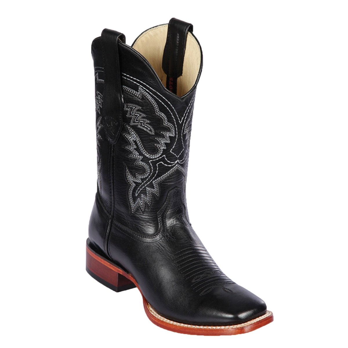 Western Wide Square Toe Leather Boots Black Color - Los Altos Boots - Side view