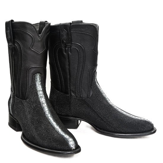 Western Genuine Stingray Full Pearl Round Toe Roper Boots Black Color - Los Altos Boots - PairView