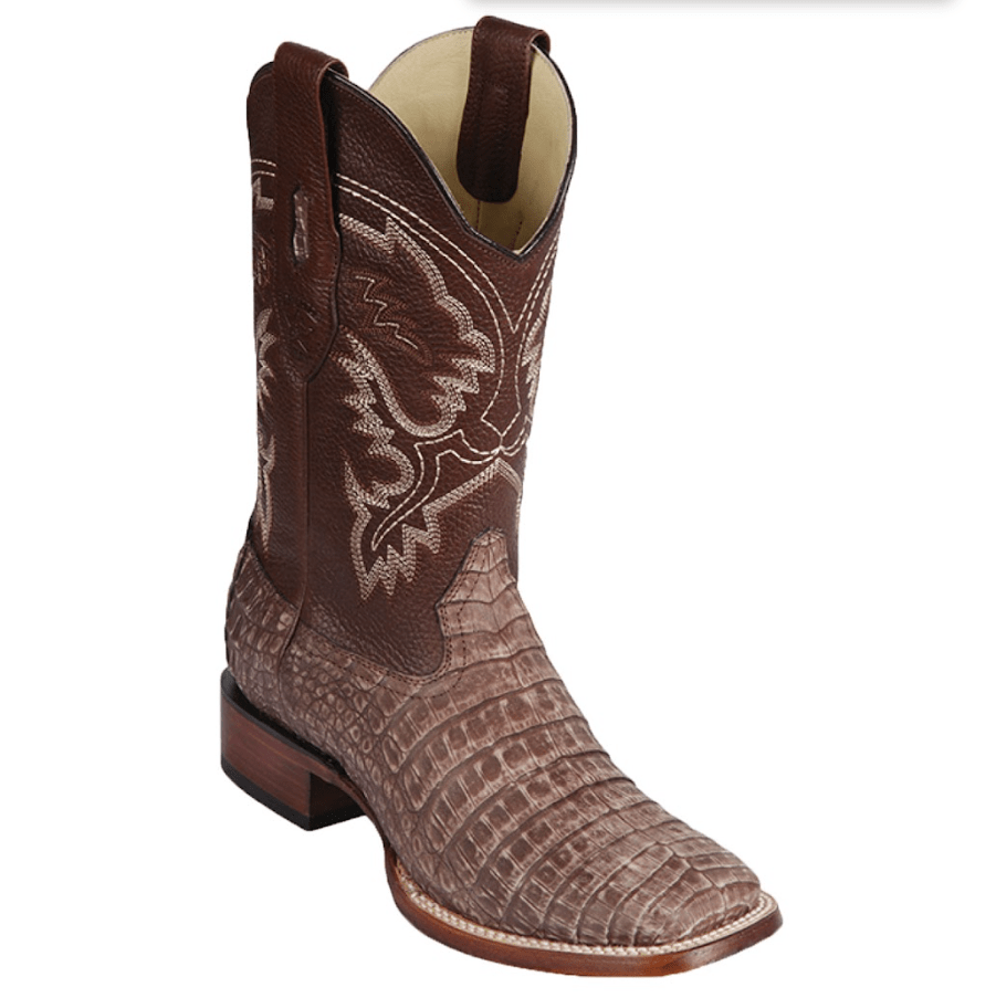 Botas de Panza de Caiman Original Punta Rodeo Cuadrada Ancha Color Cafe del Sahara - Los Altos Boots - Los Altos Boots
