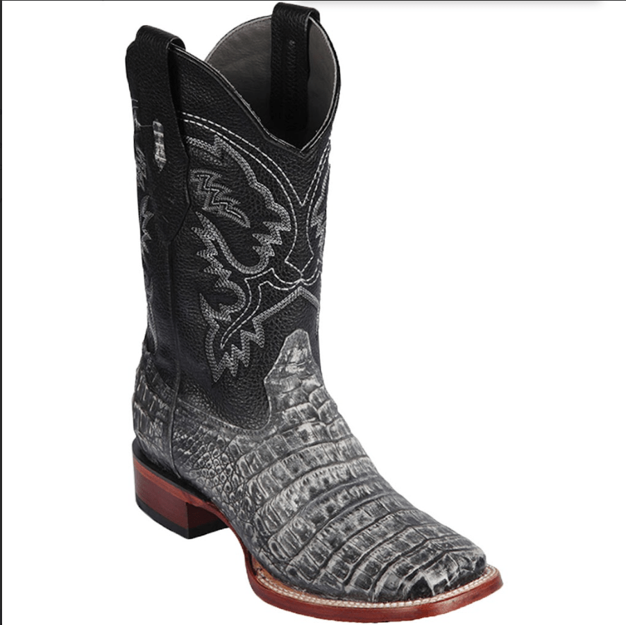 Botas de Panza de Caiman Original Punta Rodeo Cuadrada Ancha Color Negro Rustico - Los Altos Boots - Los Altos Boots