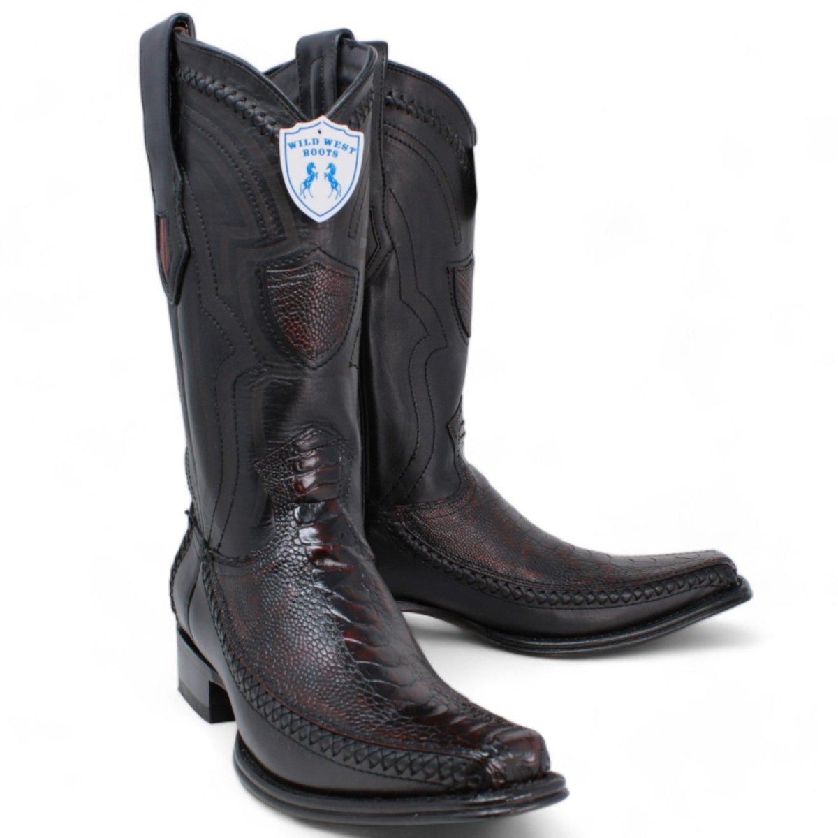 Western Genuine Ostrich Leg European Toe Boots Black Cherry Color - Wild West Boots - Pair Side View