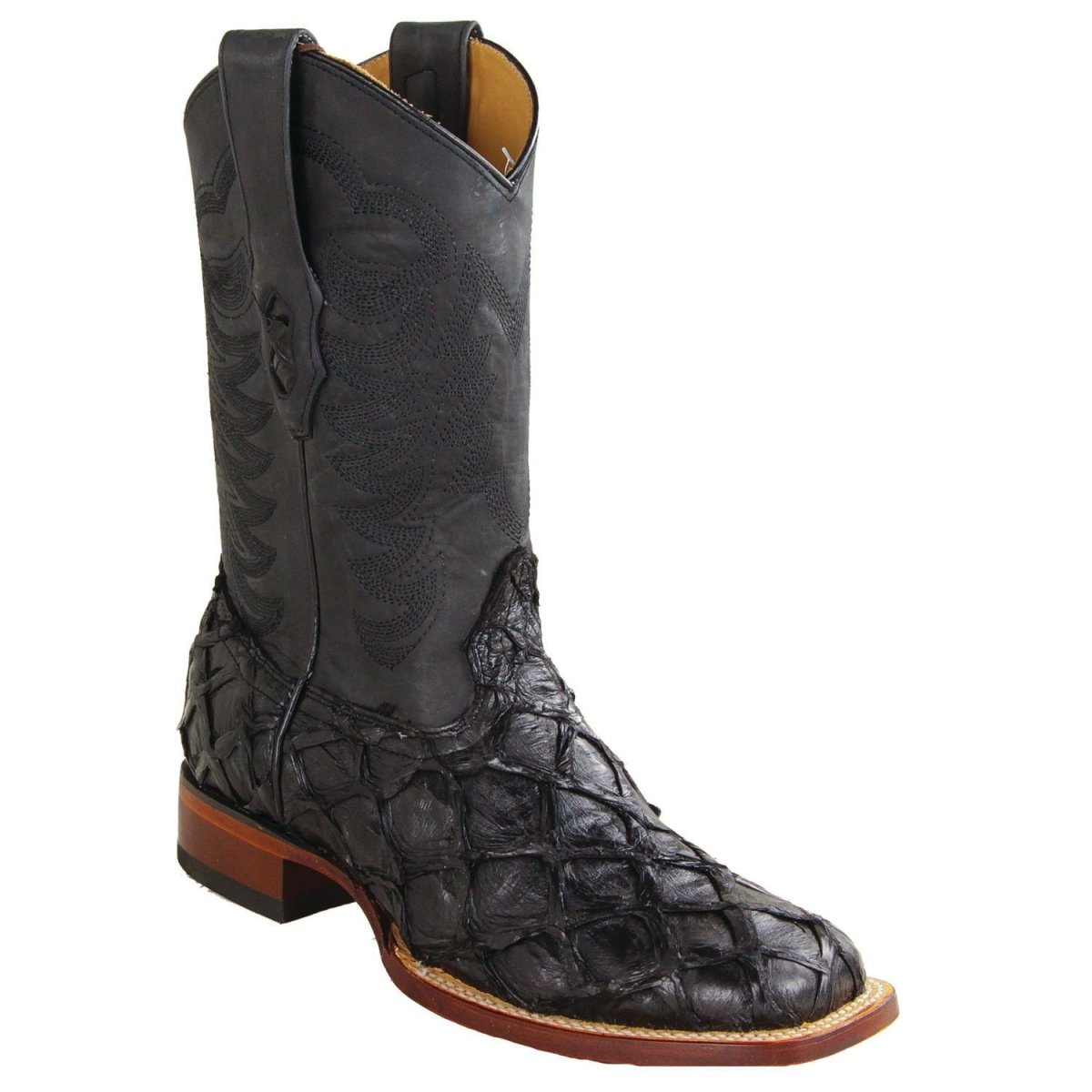 Wide Square Rodeo Toe Exotic Pirarucu Boots Black Color - Los Altos Boots - Side View
