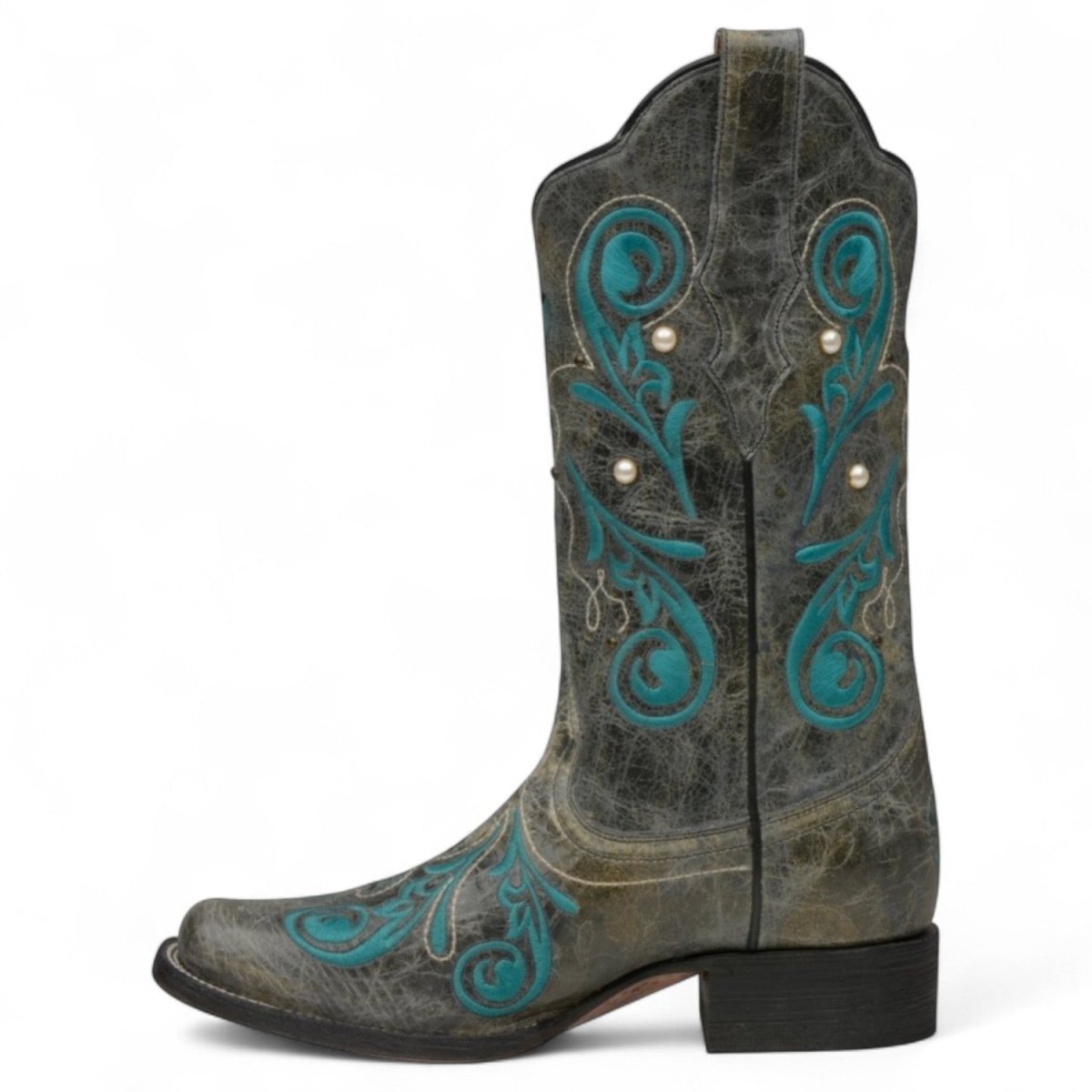 Botas de Piel Original Punta Cuadrada Color Gris y Turquesa - Ive West - Rudel & Co.
