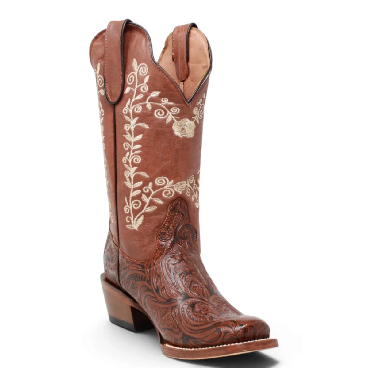 Botas Vaqueras para Dama de Pantorrilla Ancha – Cognac con Bordado Floral TML205084AF - Tanner Mark Boots