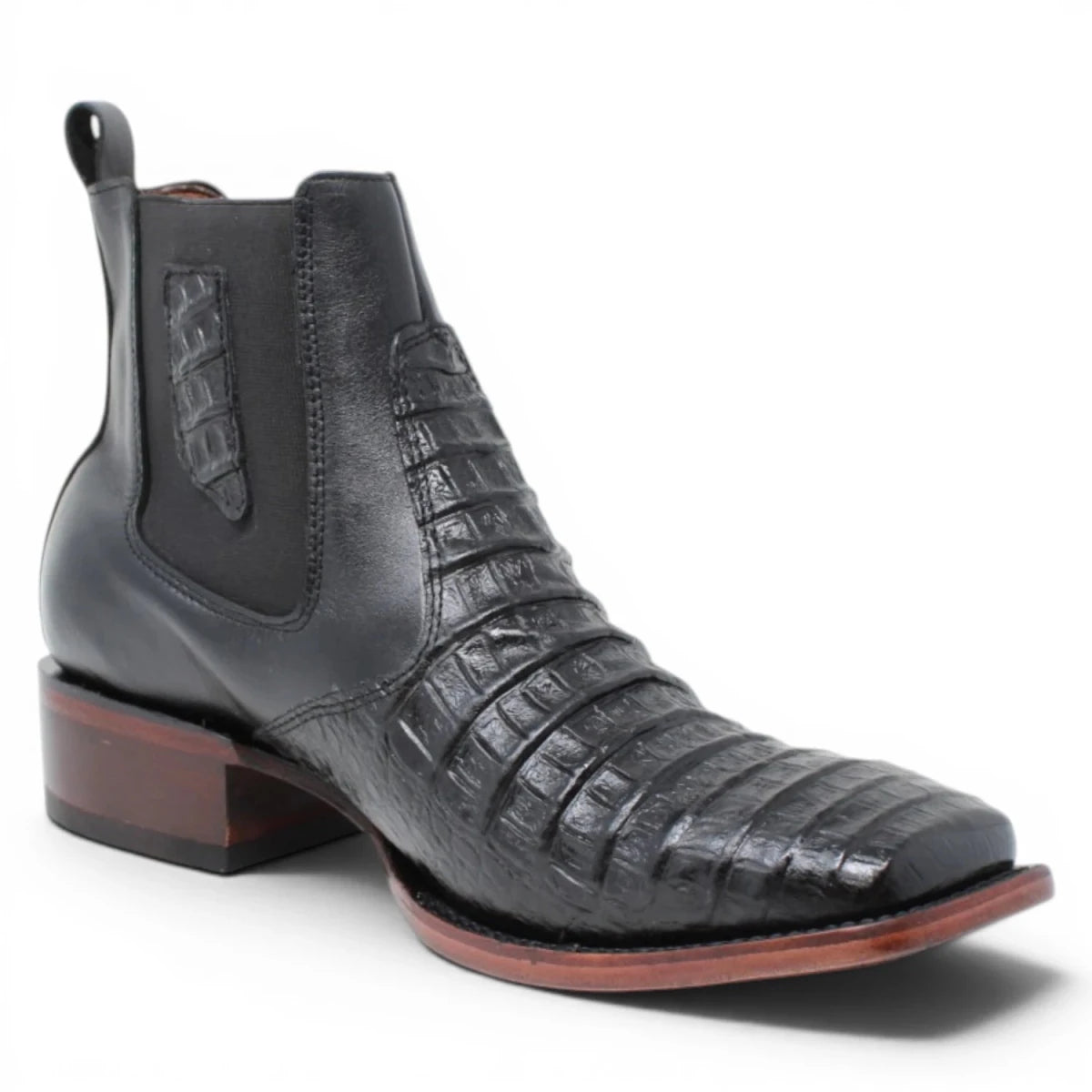 Botin de Cocodrilo Grabado Nuca con Punta Cuadrada Color Negro Q82B8205 - Quincy Boots