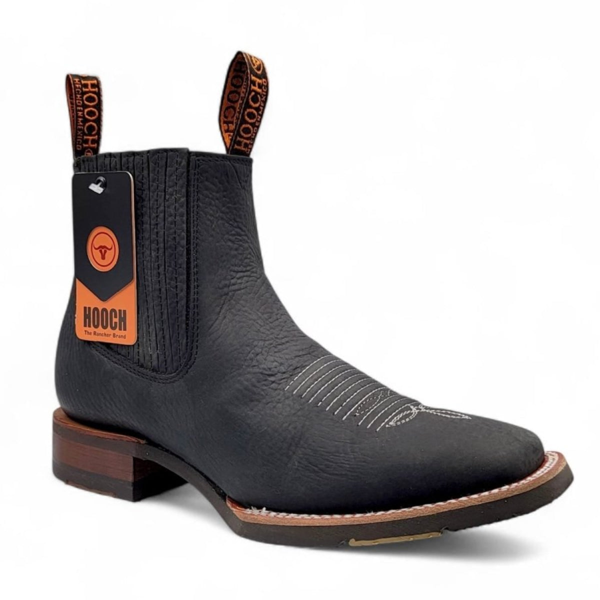 Botin Vaquero para Hombre de Piel Color Negro con Punta Cuadrada y Suela de Hule Ligera – Hooch Boots H42H0527 - Hooch Boots
