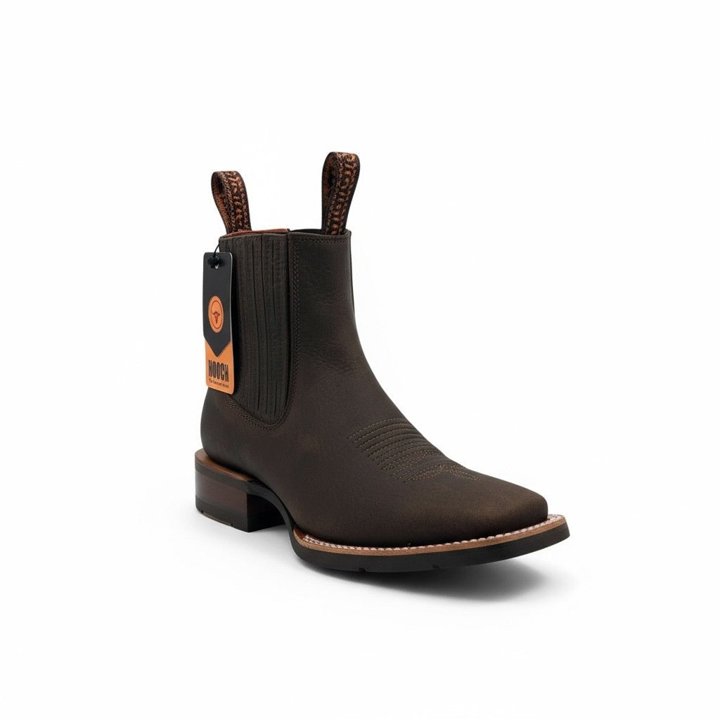 Botin Vaquero para Hombre de Piel Genuina Color Chocolate con Punta Cuadrada y Suela de Hule Ligera – Hooch Boots H42H9427 - Hooch