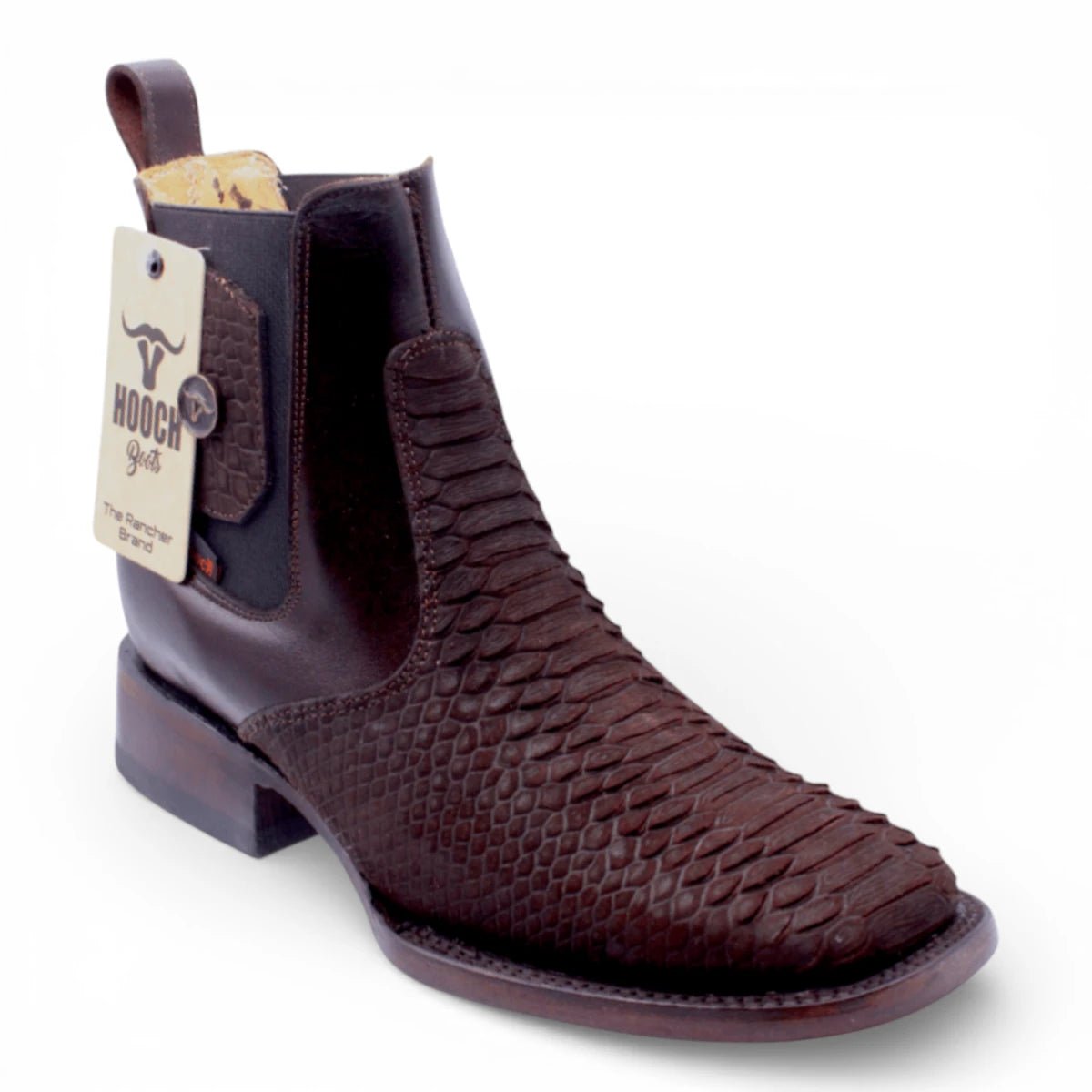 Botin Vaquero para Hombre de Piel Grabado Tipo Piton Color Chocolate con Punta Cuadrada Ancha – Hooch Boots H426394 - Hooch