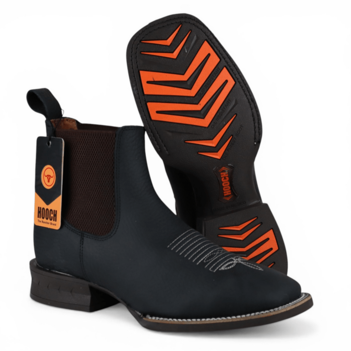 Botin Vaquero para Hombre Punta Cuadrada Amplia de Piel Genuina Negro con Suela de Hule Ligera – Hooch Boots H42A0527 - Hooch