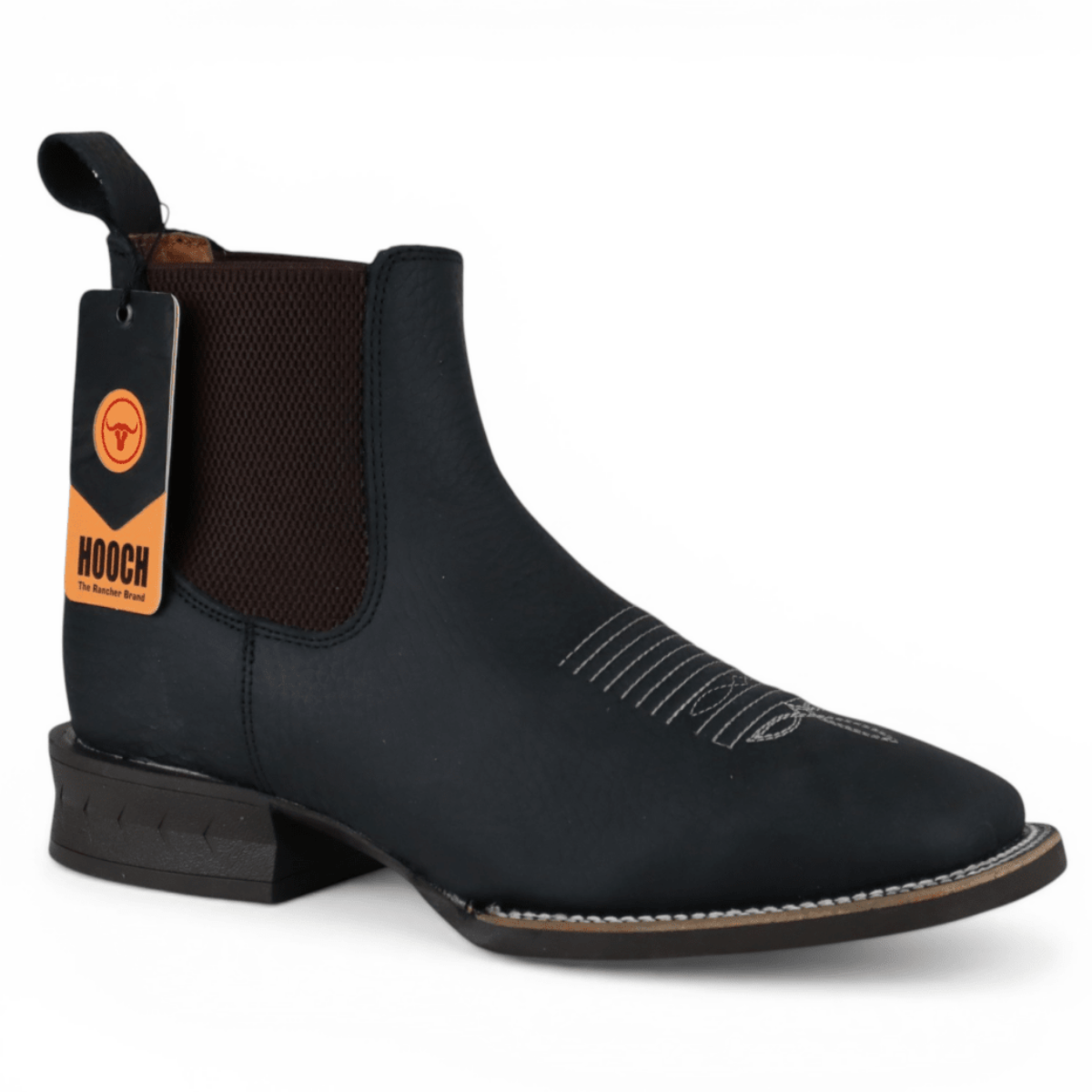 Botin Vaquero para Hombre Punta Cuadrada Amplia de Piel Genuina Negro con Suela de Hule Ligera – Hooch Boots H42A0527 - Hooch