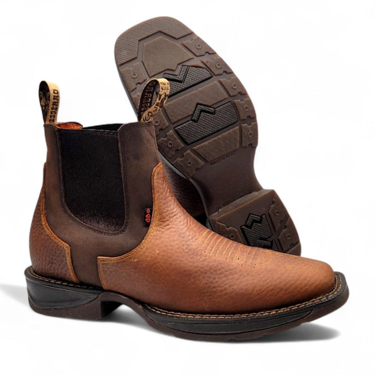 Botines de Piel Original Punta Amplia Cuadrada Color Miel-Cafe – Hooch Boots - Side/Sole View