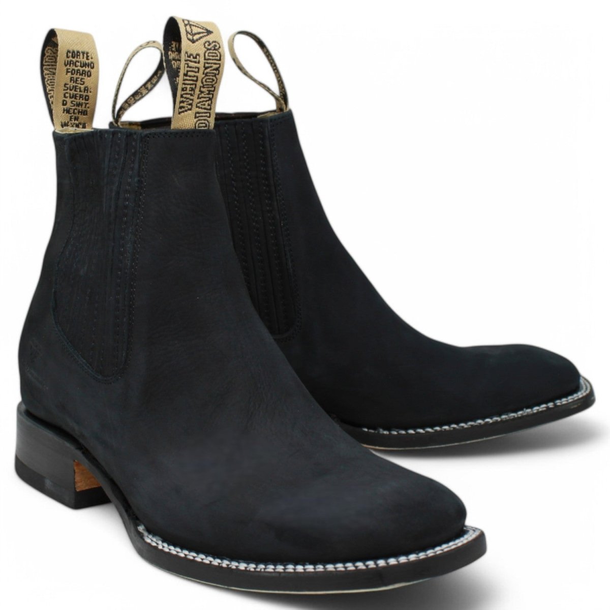 Botines Charros de Gamuza Punta Cuadrada Color Negro Liso DUR - Rodeo Durango