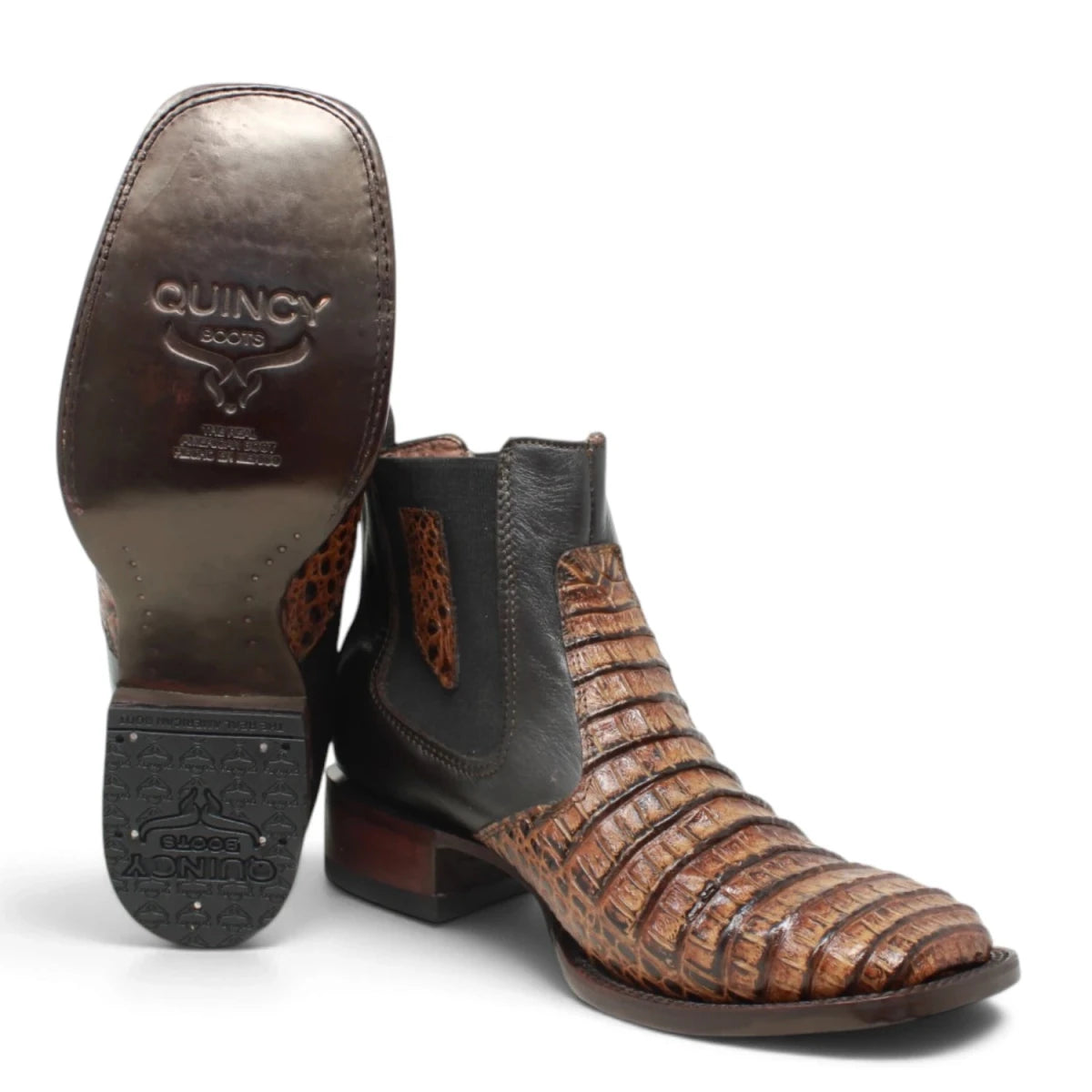 Botines de Cocodrilo Grabado Panza con Punta Cuadrada Color Miel Q82B8251 - Quincy Boots