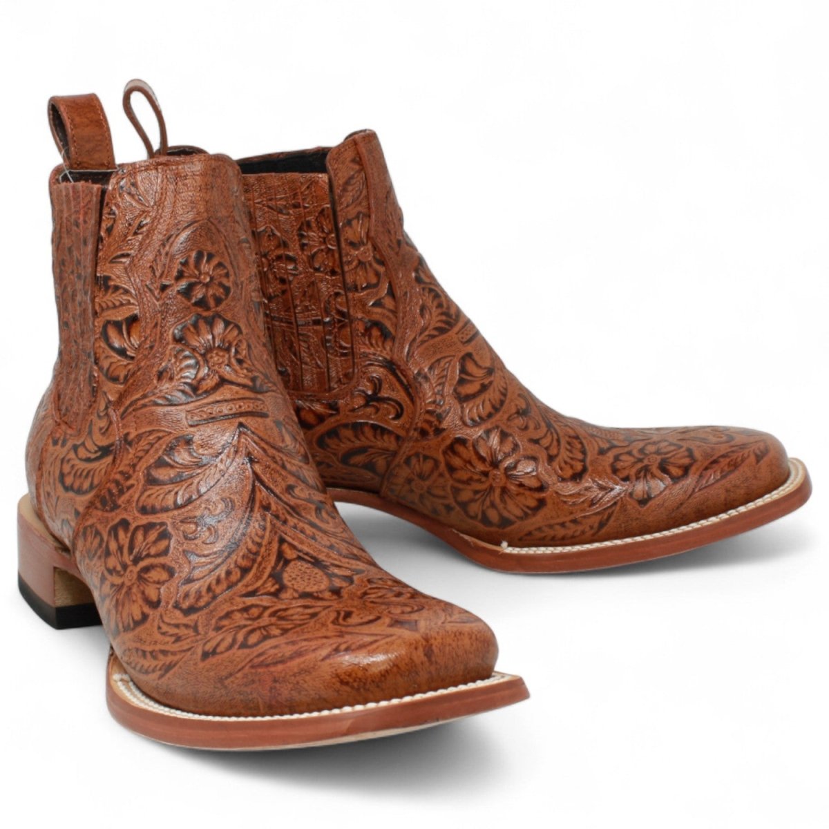 Botines de Cuero Cincelado Punta Cuadrada Color Cognac Hombre - Tanner Mark Boots - Tanner Mark Boots