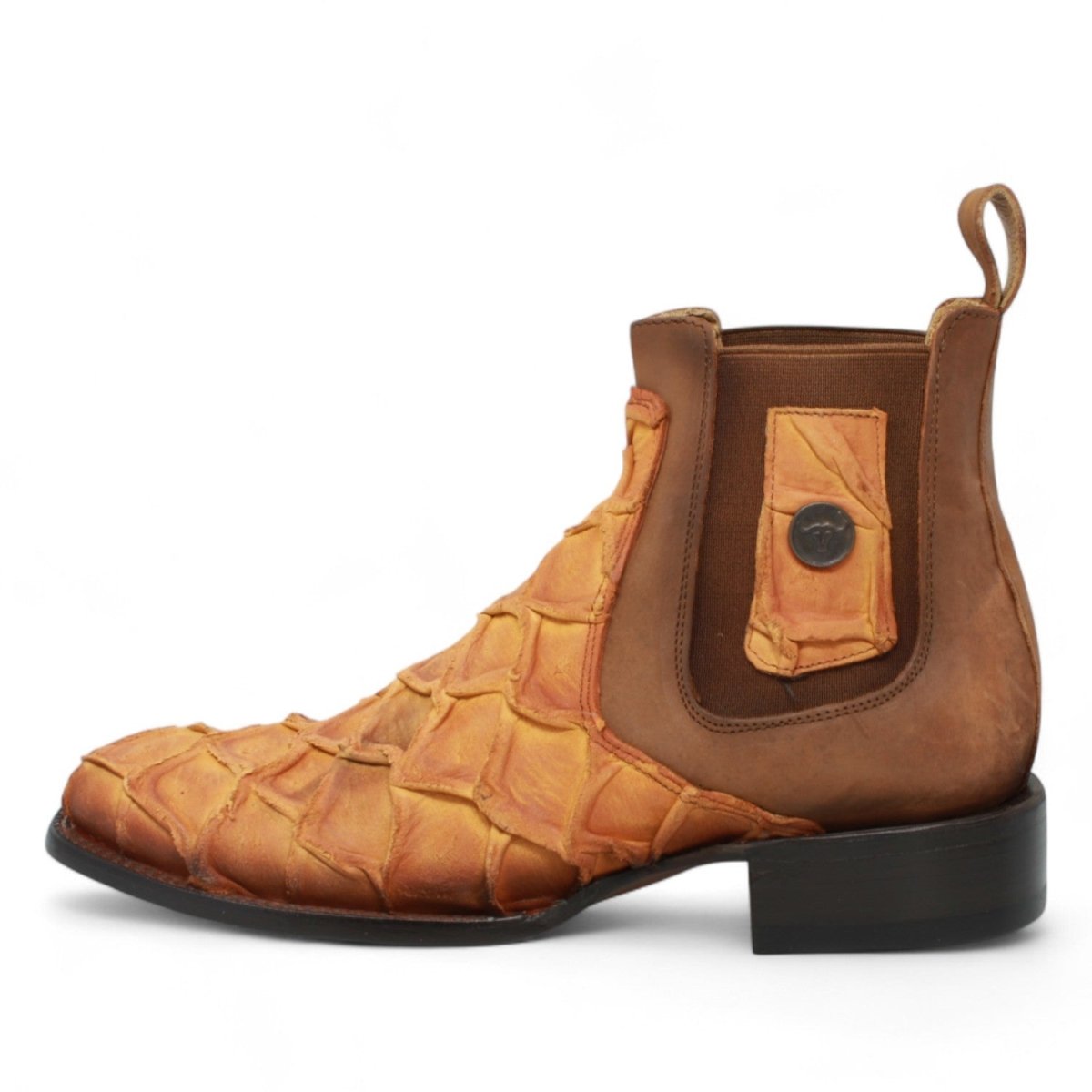 Botines de Piel Grabado Pez Pirarucu Punta Cuadrada Color Miel - Hooch Boots - Hooch
