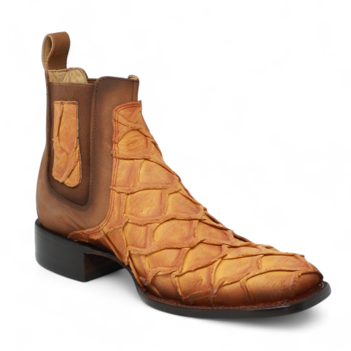 Botines de Piel Grabado Pez Pirarucu Punta Cuadrada Color Miel - Hooch Boots - Hooch