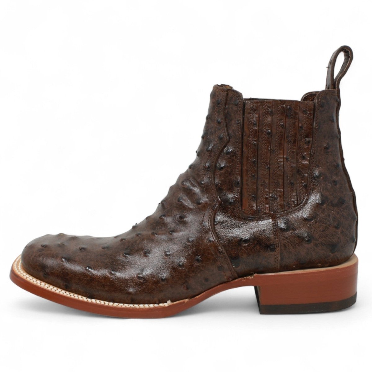 Botines Hombre de Cuero Grabado Avestruz Punta Cuadrada Color Cafe - Tanner Mark Boots - Tanner Mark Boots