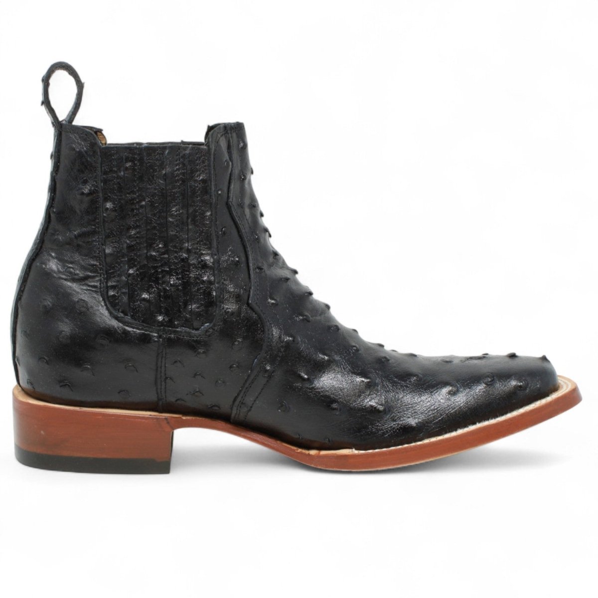 Botines Hombre de Cuero Grabado Avestruz Punta Cuadrada Color Negro - Tanner Mark Boots - Tanner Mark Boots