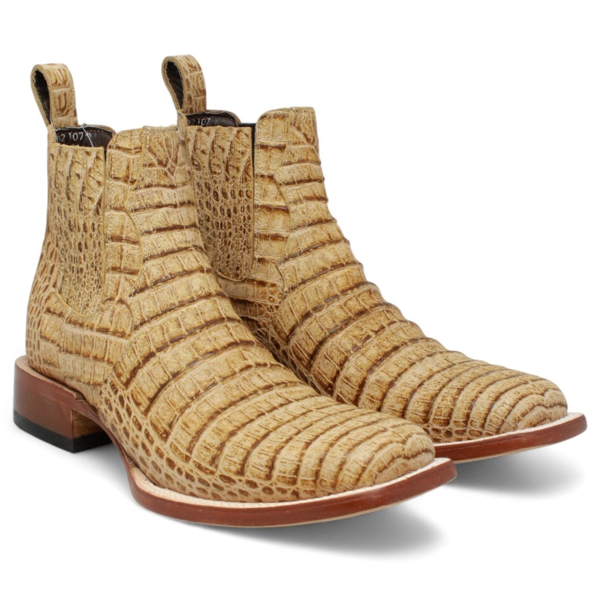 Botines Hombre de Cuero Grabadode Caiman Panza Punta Cuadrada Color Arena - Tanner Mark Boots - Tanner Mark Boots