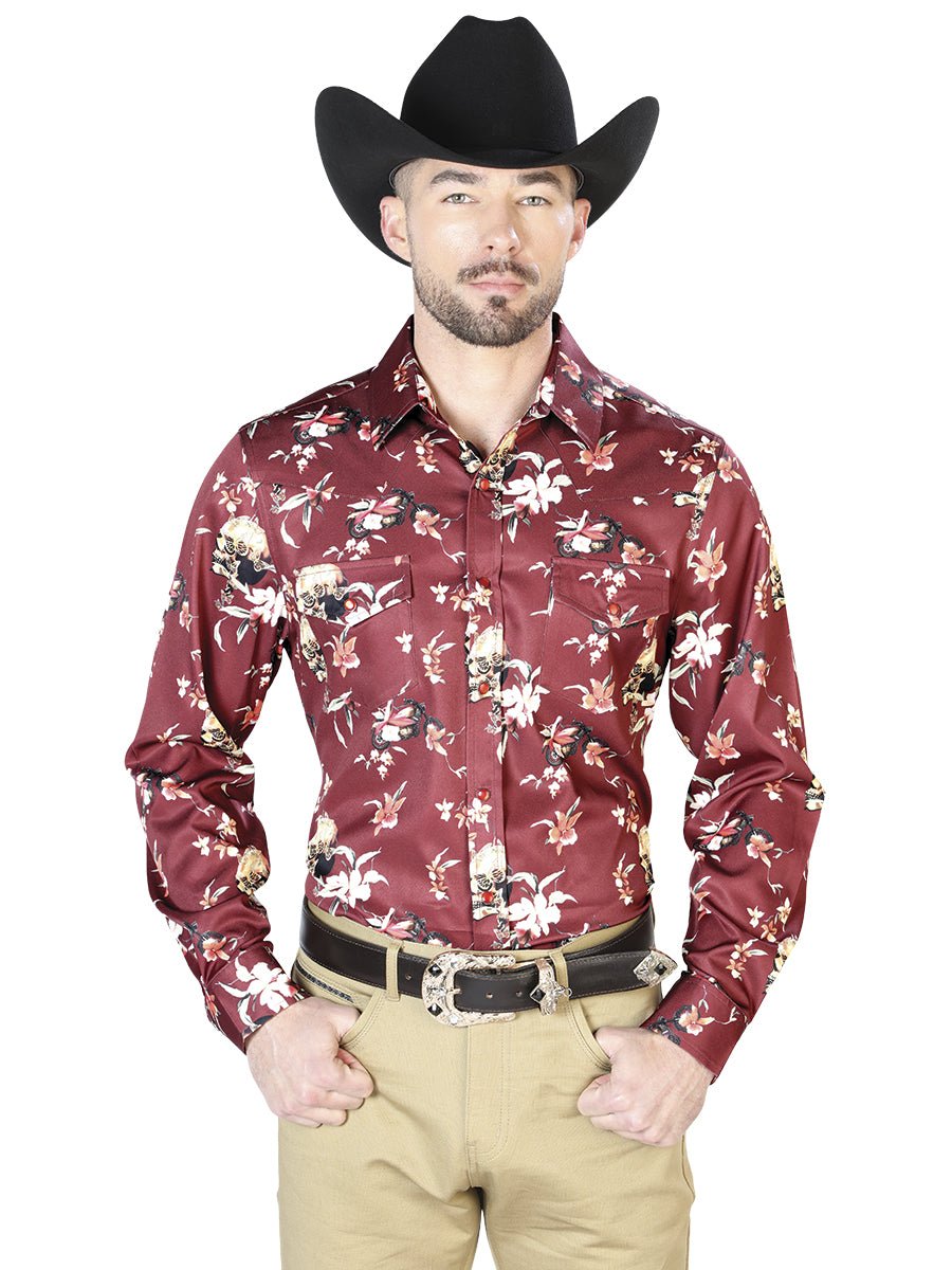 Burgandy Flowers Casual Long Sleeve Shirts 43951 - Diana Zapateria Inc
