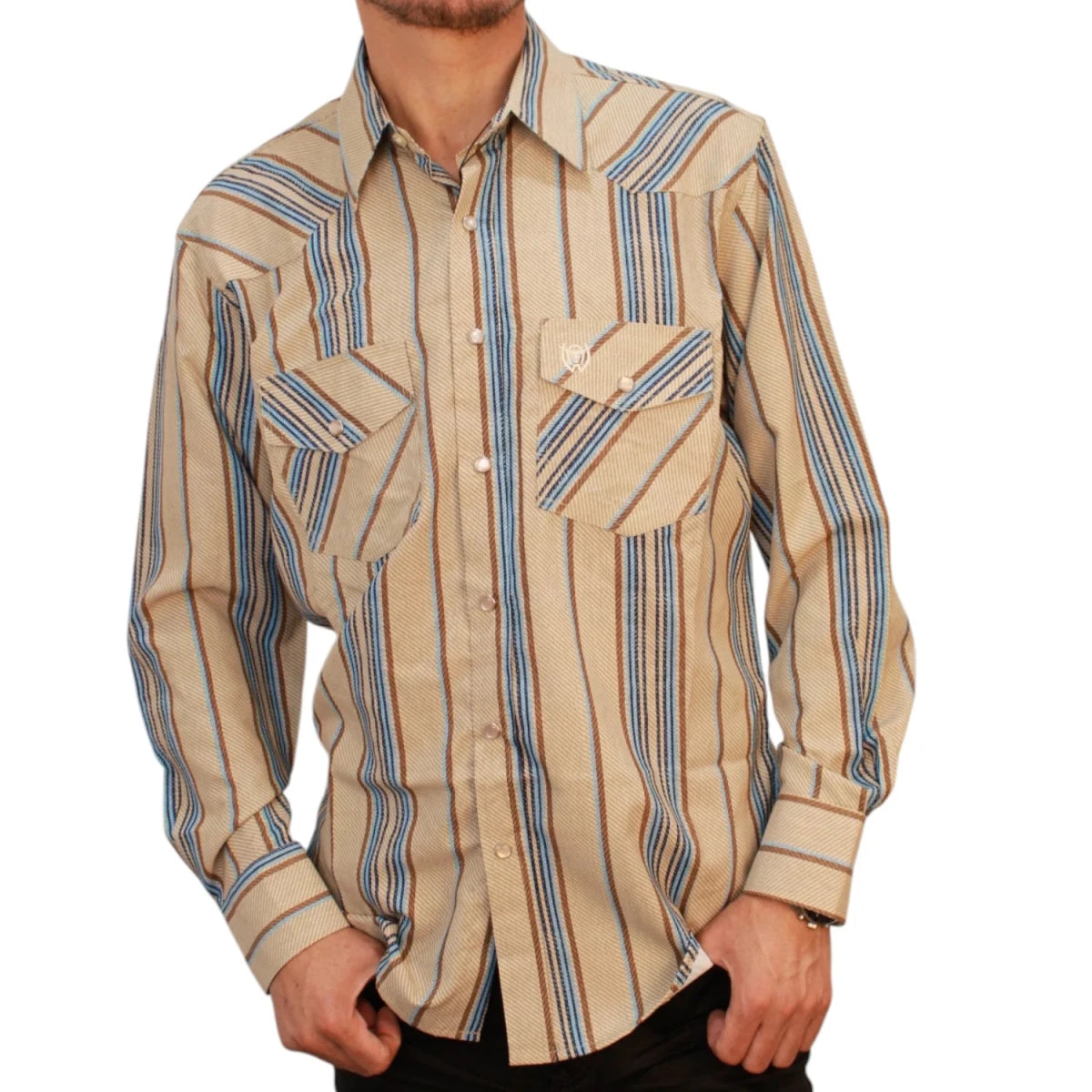 Camisa Vaquera Boton de Perla de Manga Larga con Rayas-American West - American West