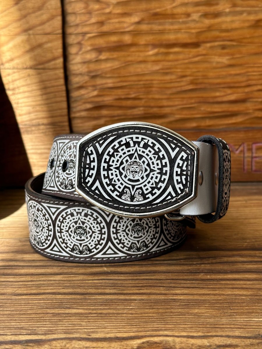 Cinto de Cuero Calendario Azteca Blanco con Hebilla de Metal - Rodeo Imports