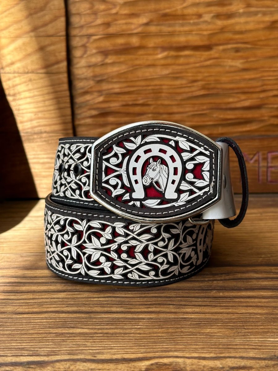 Cinto de Cuero Herradura Blanco con Rojo con Hebilla de Metal - Rodeo Imports