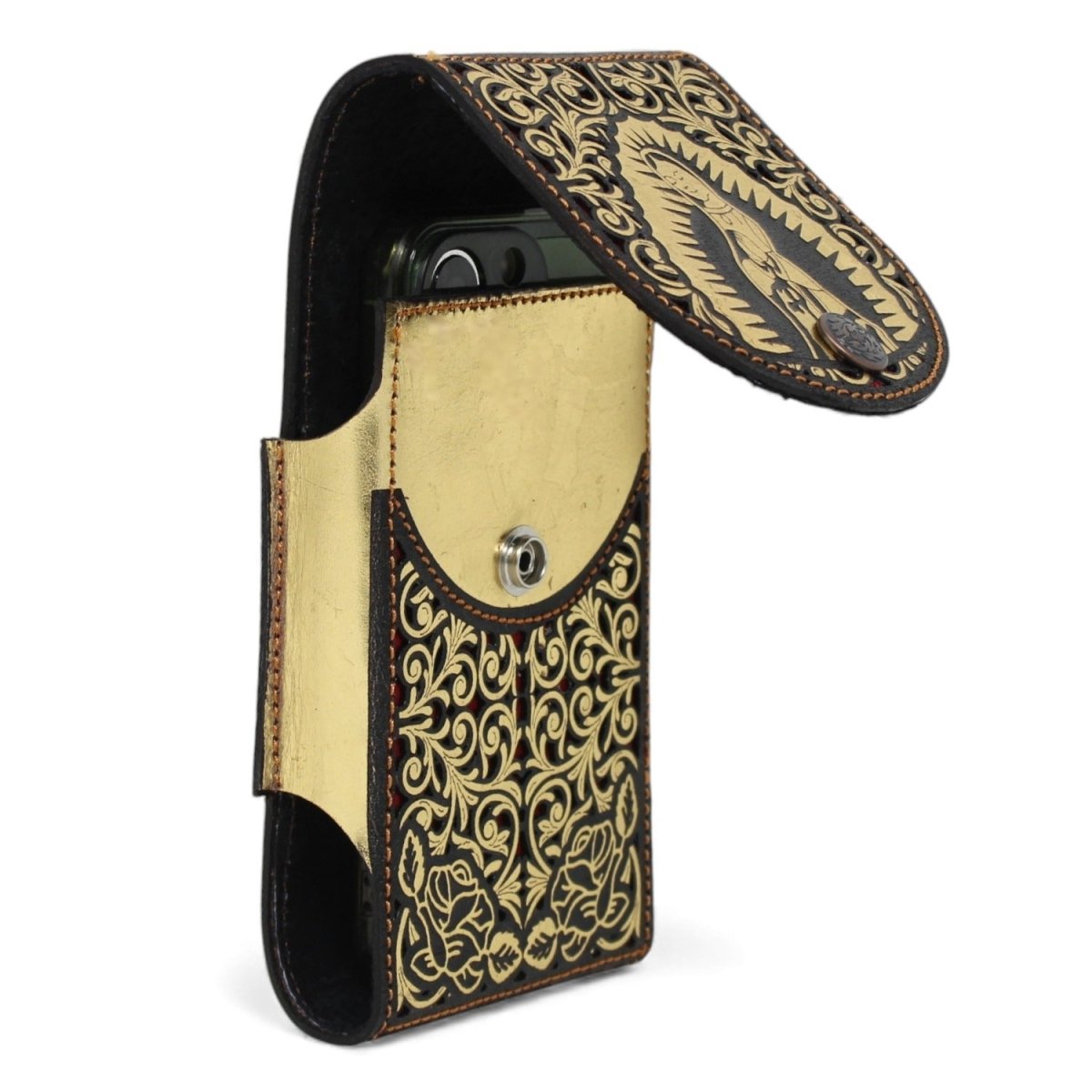 Cinto de Cuero Original Color Oro Corte Laser de la Virgen de Guadalupe Hebilla de Metal Oro - A&A Boots