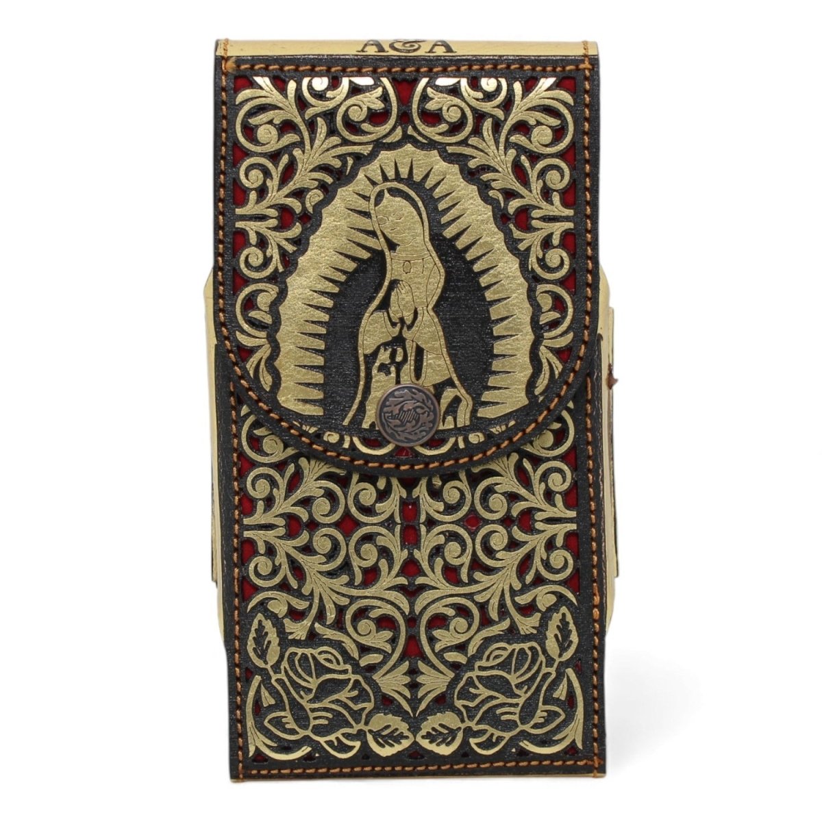 Cinto de Cuero Original Color Oro Corte Laser de la Virgen de Guadalupe Hebilla de Metal Oro - A&A Boots