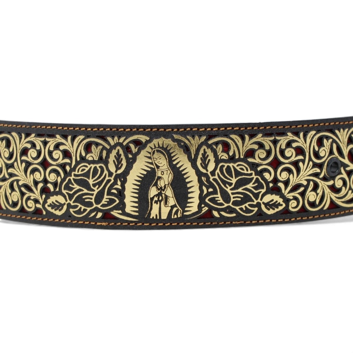 Cinto de Cuero Original Color Oro Corte Laser de la Virgen de Guadalupe Hebilla de Metal Oro - A&A Boots