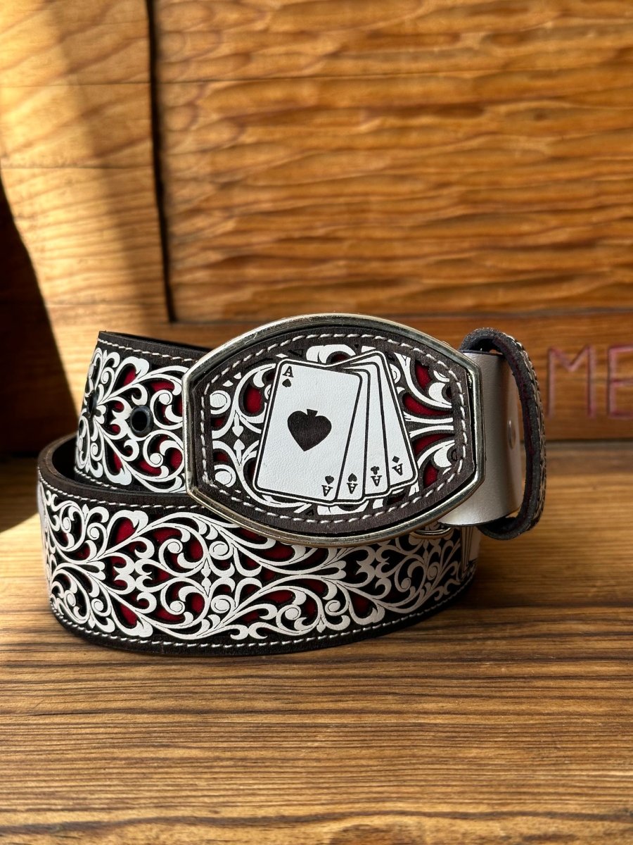 Cinto de Cuero Pokar de Ases con Hebilla de Metal - Rodeo Imports