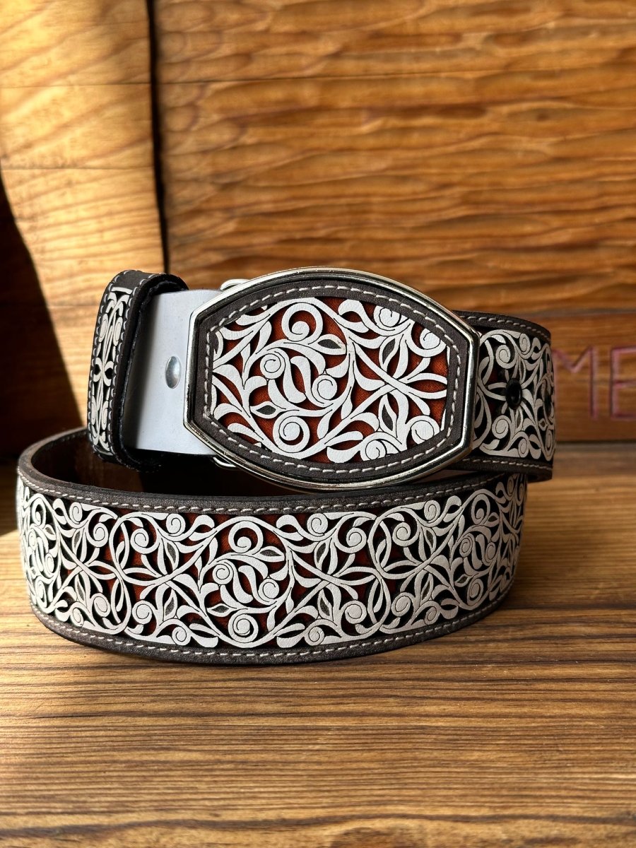 Cinto de Cuero Ramas Blanco con Rojo con Hebilla de Metal - Rodeo Imports