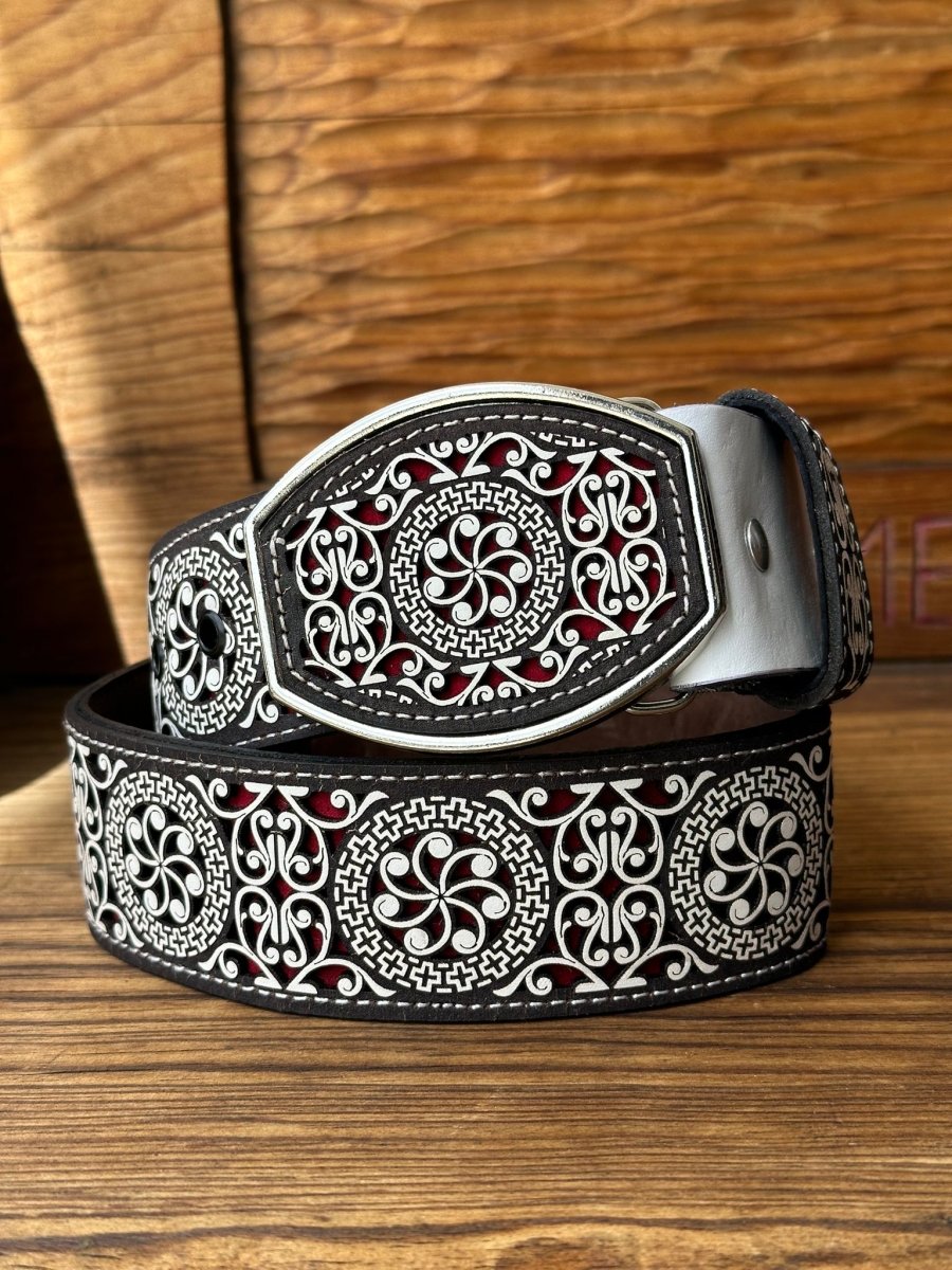 Cinto de Cuero Ramas y Grecas Blanco con Hebilla de Metal - Rodeo Imports