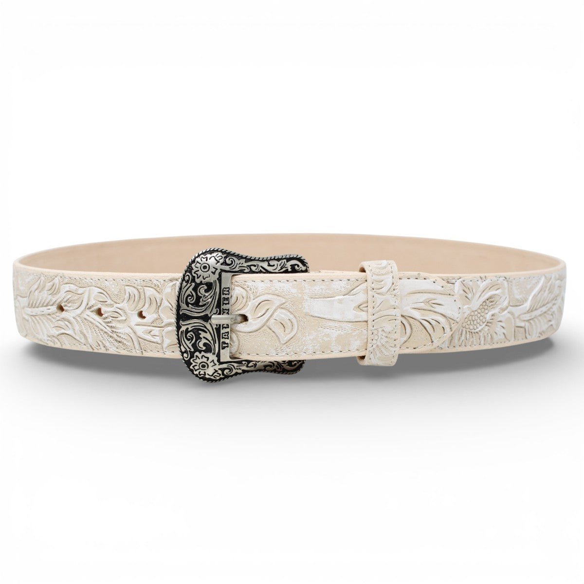Cinto de Piel Estampado Cincelado Blanco con Hebilla Metálica Texas - TMB207110 - Tanner Mark Boots