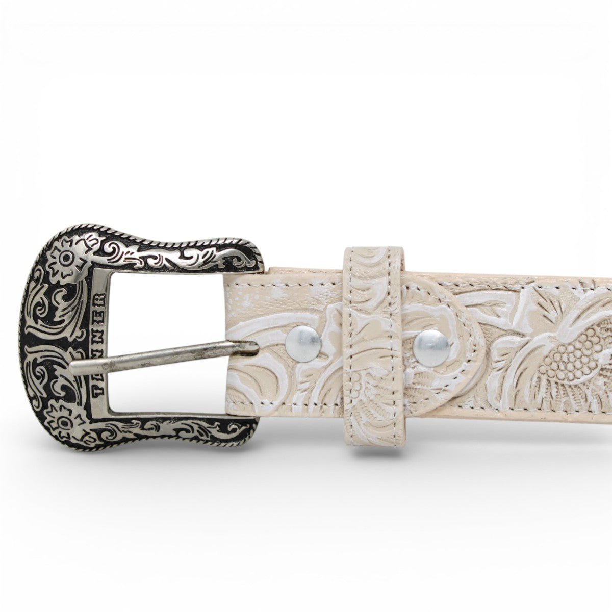 Cinto de Piel Estampado Cincelado Blanco con Hebilla Metálica Texas - TMB207110 - Tanner Mark Boots