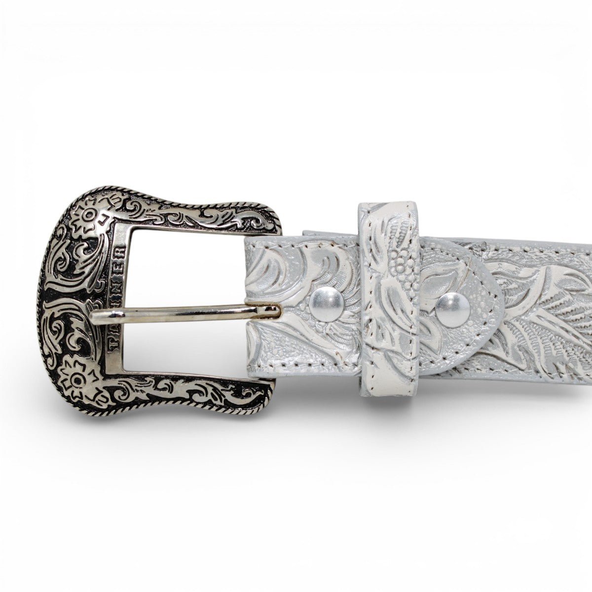 Cinto de Piel Estampado Cincelado Plata con Hebilla Metálica Texas - TMB207114 - Tanner Mark Boots