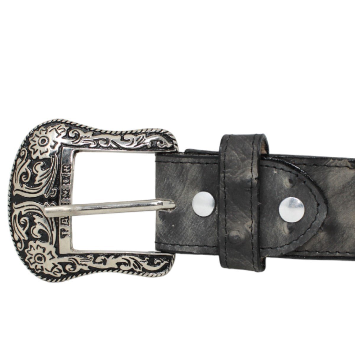 Cinturón de Piel con Estampado de Avestruz Negro y Gris con Hebilla Metálica Texas - TMB205578 - Tanner Mark Boots