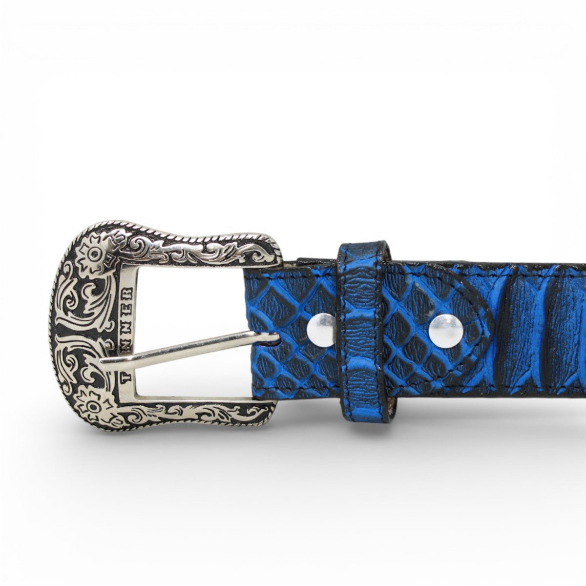 Cinturon de Piel con Estampado de Piton Jumbo y Hebilla Texas Azul - TMB205590 - Tanner Mark Boots