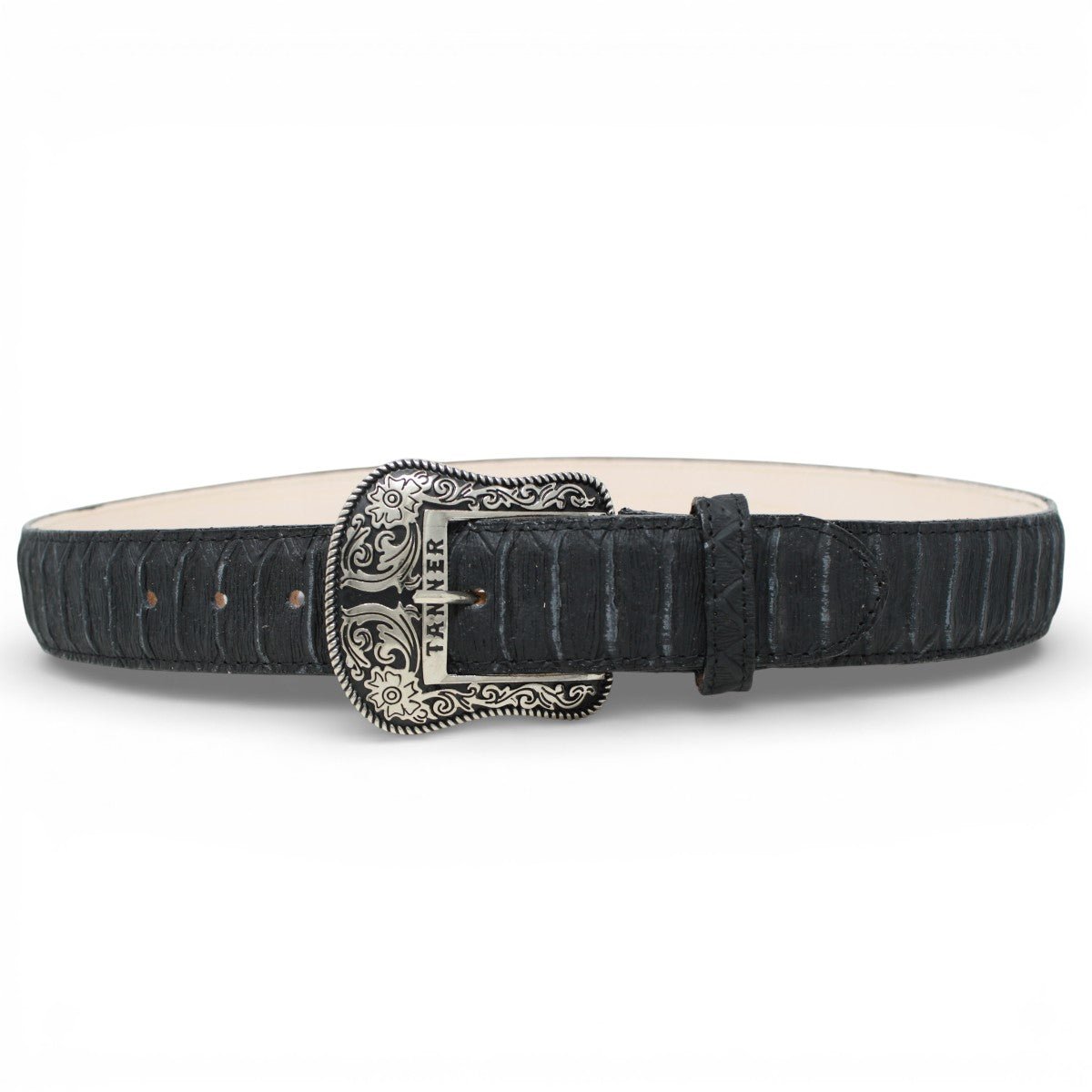 Cinturon de Piel con Estampado de Piton Jumbo y Hebilla Texas Negro - TMB205592 - Tanner Mark Boots