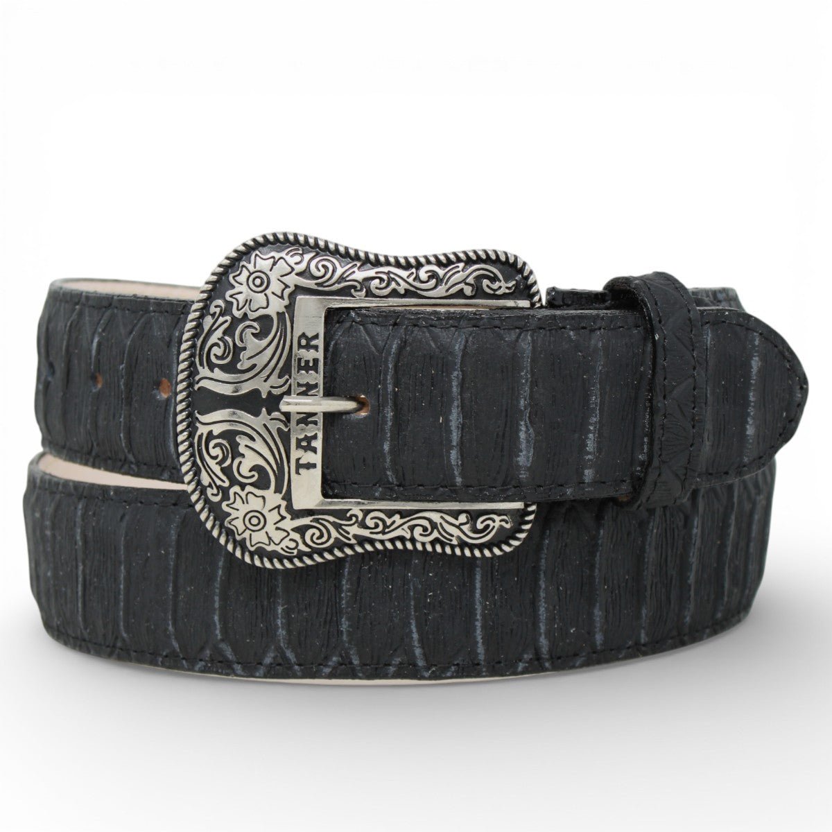 Cinturon de Piel con Estampado de Piton Jumbo y Hebilla Texas Negro - TMB205592 - Tanner Mark Boots