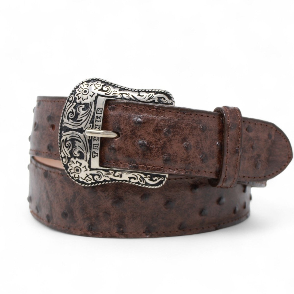 Cinturón de Piel Genuina con Estampado de Avestruz y Hebilla Metálica Texas Cafe - Tanner Mark Boots