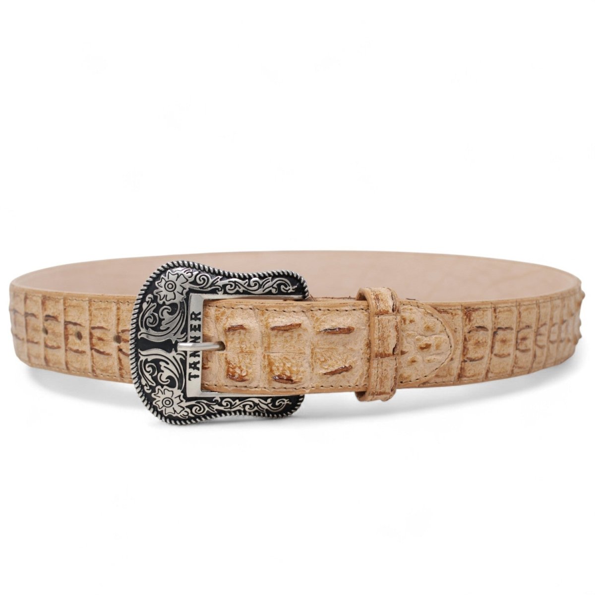 Cinturon de Piel Genuina con Estampado de Caiman Lomo y Hebilla Metálica Texas Arena - Tanner Mark Boots