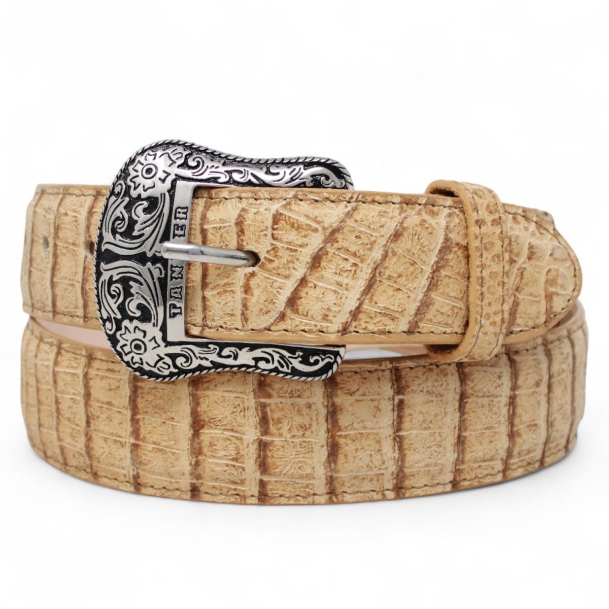 Cinturon de Piel Genuina con Estampado de Caiman Panza Hebilla Metálica Texas Arena - Tanner Mark Boots