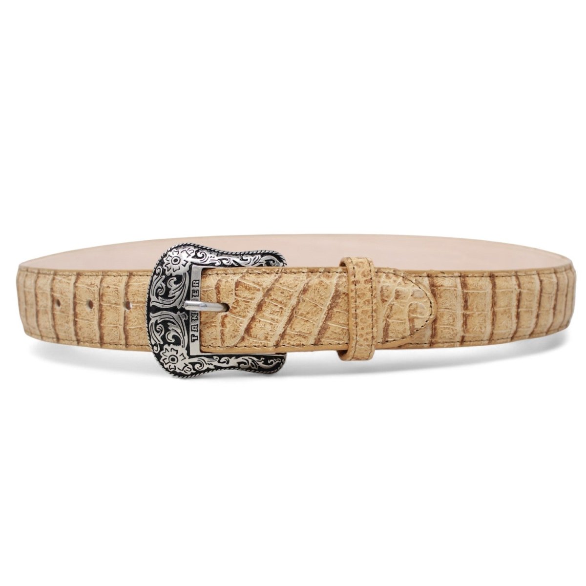 Cinturon de Piel Genuina con Estampado de Caiman Panza Hebilla Metálica Texas Arena - Tanner Mark Boots