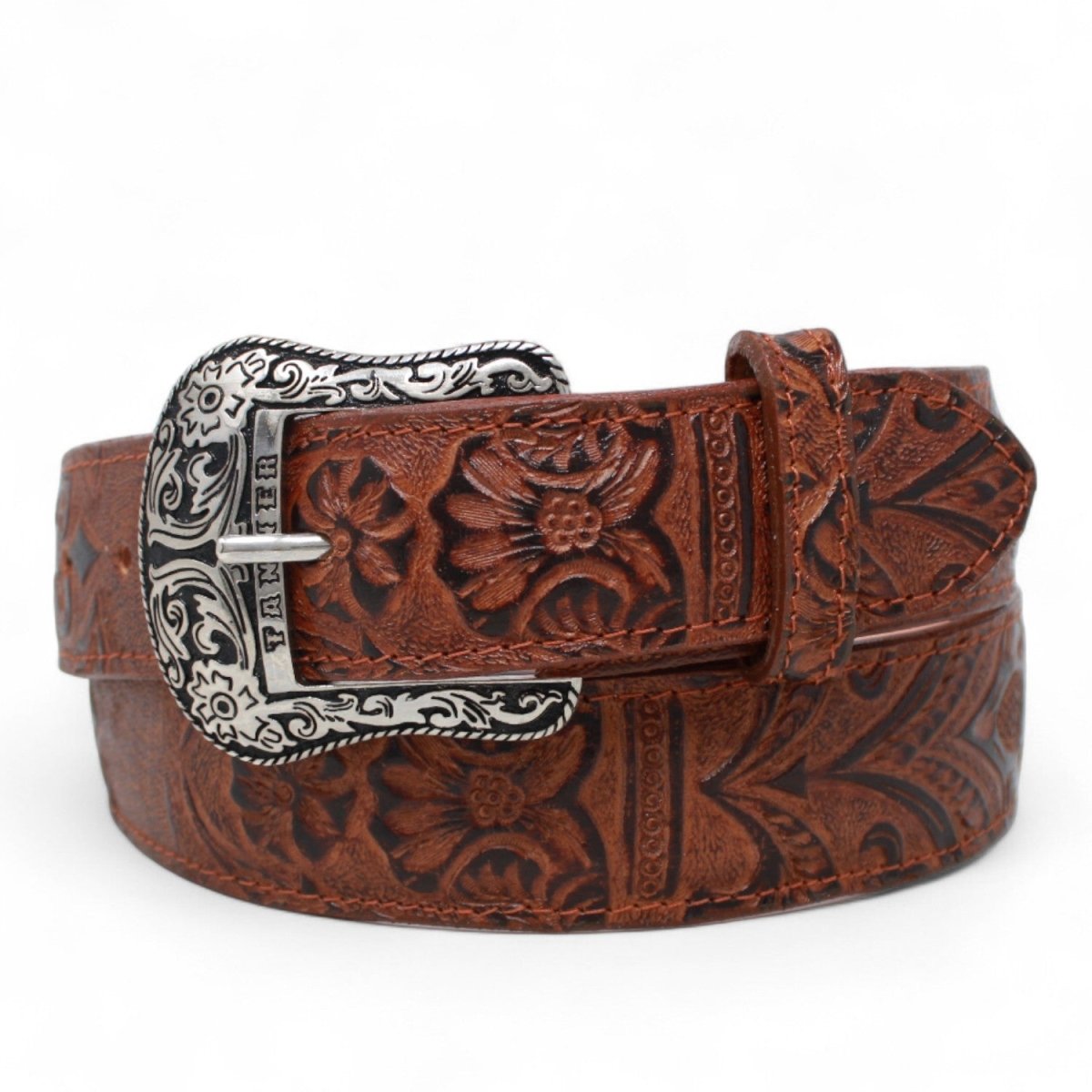 Cinturon de Piel Genuina con Estampado de Cincelado Floral y Hebilla Metálica Texas - Cognac - Tanner Mark Boots
