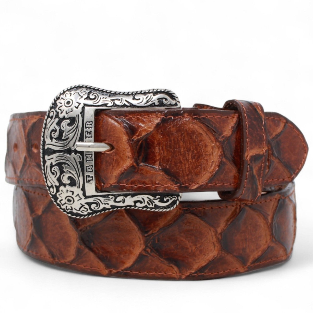 Cinturón de Piel Genuina con Estampado de Pirarucu y Hebilla Metálica Texas Cognac - Tanner Mark Boots