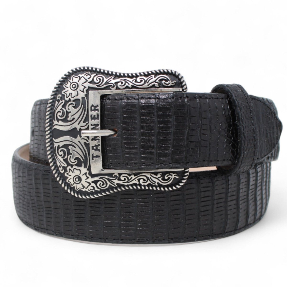 Cinturón de Piel Genuina con Estampado de Teju y Hebilla Metálica Texas Negro - Tanner Mark Boots