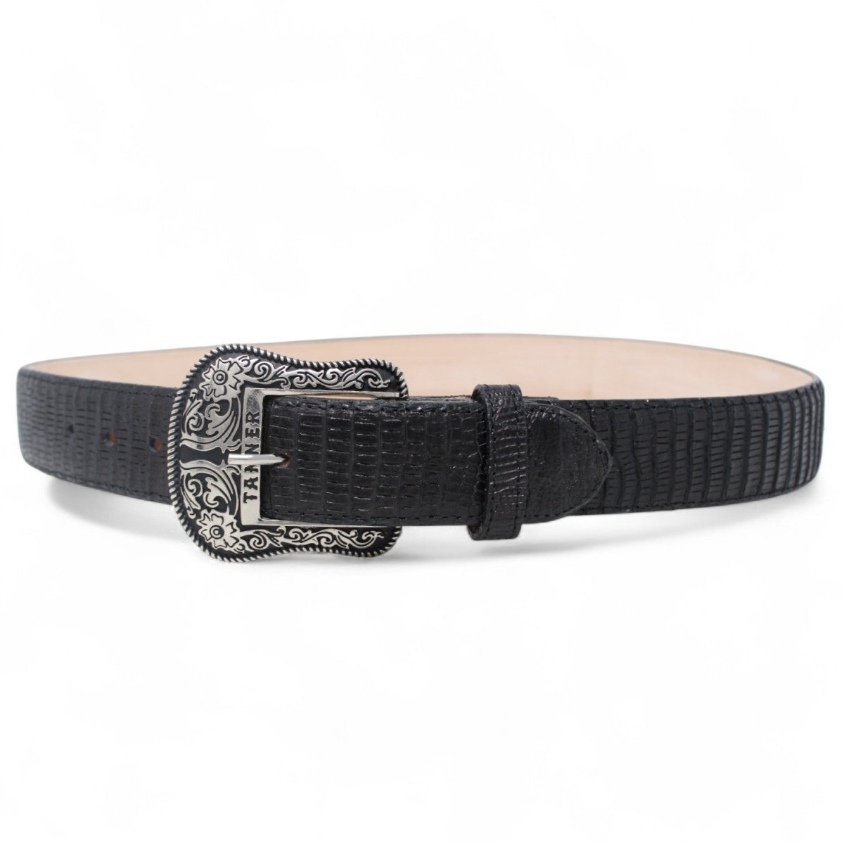 Cinturón de Piel Genuina con Estampado de Teju y Hebilla Metálica Texas Negro - Tanner Mark Boots
